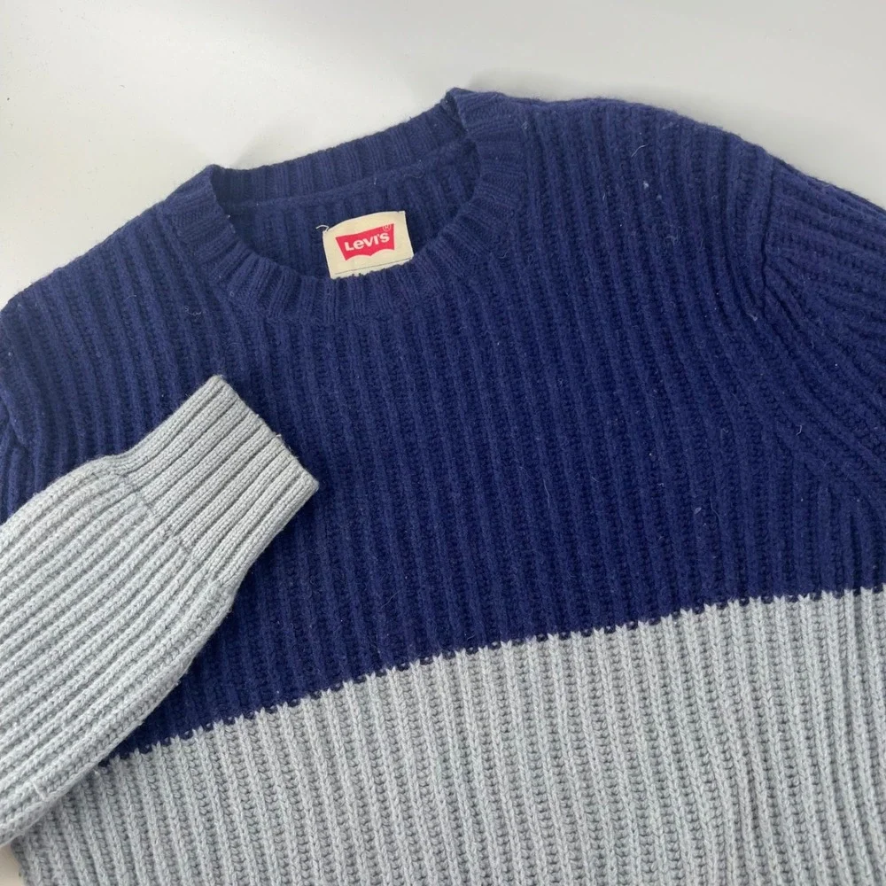 Levis Mens Wool Blend Ribbed Crewneck Sweater Navy Blue Grey Colorblock Small